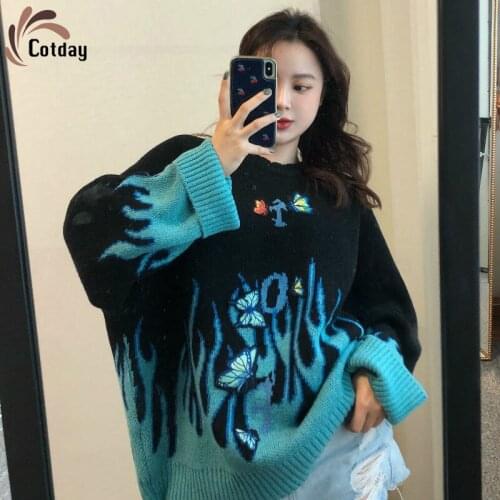Cotday Jumper Knitted Street O Neck Korean Style Print 2020 Best Women Harajuku Pull Manteau Femme Mujer Pullover Sweater