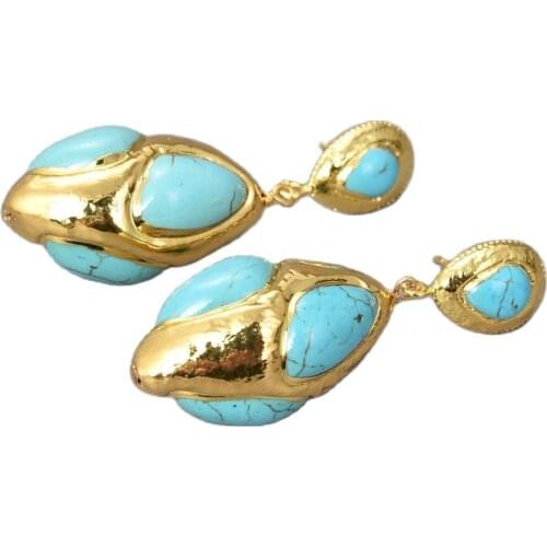 GG Jewelry 17x33MM Blue Turquoise Yellow Gold Plated stud Earrings