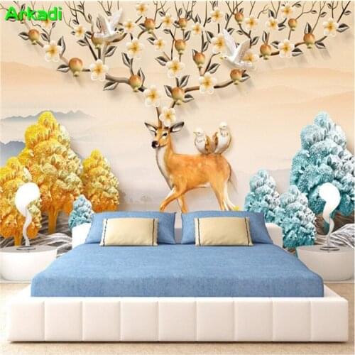 HD hand-painted deer three-dimensional relief money tree Nordic minimalism background wall living room TV background house paint