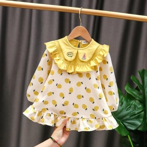 New Spring Baby Girls Cotton Dress Kids Ruched Peter Pan Collar Long-Sleeved Childrens Top Toddler Girl Princess Clothes