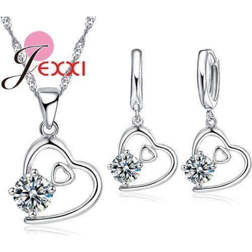 Newest Design Heart Shape Pendant Necklace & Hoop Earring Jewelry Set 925 Sterling Silver For Women Wedding Accessories