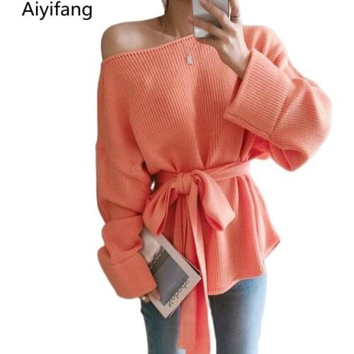 Korean Large Size Loose Solid Knitwear Vintage Lace-Up Knitted Sweaters Autumn Womens Long-Sleeved Off Shoulder Pullover Tops