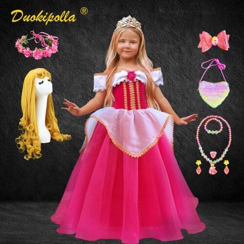 Girls Summer Aurora Dress Halloween Princess Costume Sweet Child Pink Party and Wedding Pageant Dresses Fairy Frock Kids Wig