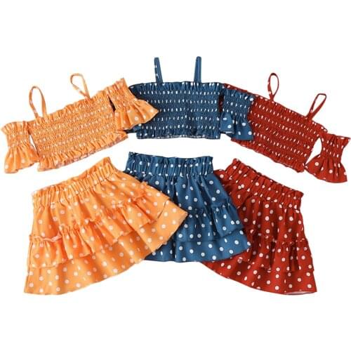 2 Pcs Toddler Summer Outfits, Baby Girls Cold-shoulder Smocked Dot Print Crop Tops + Tiered Skirt 2-7T