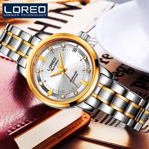 LOREO 2021 New Ladies Mechanical Watch White Dial Atmospheric Diamond Automatic Stainless Steel Calendar Waterproof Business