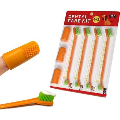 Pet Dog Tooth Cleaning Kit Practical And Convenient Pet Toothbrush And Finger Toothbrush Orange Seven-piece Set