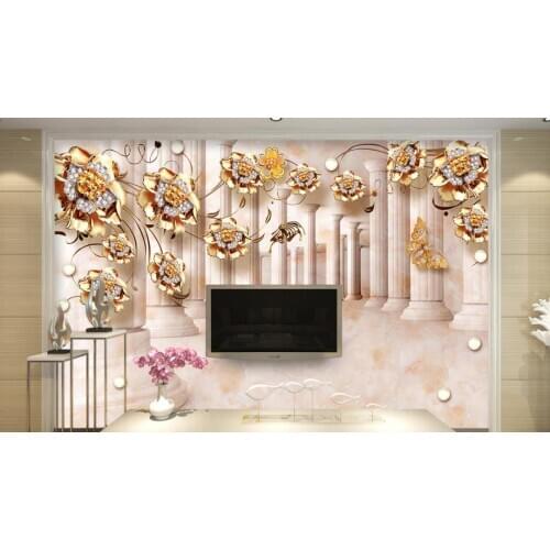 Customize 3D wallpaper mural Golden rose vine stone Roman column photo wallpaper 3D TV background wall