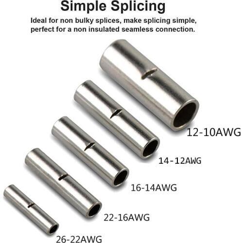 100PCS 26-10 AWG Non-Insulated Butt Connectors Gauge Uninsulated Electrical Wire Ferrule Cable Crimp Terminal