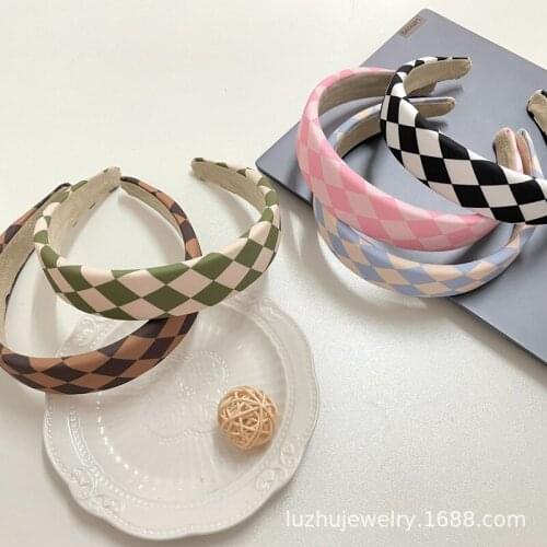Korean plaid sponge headband net red simple color matching wide-sided checkerboard headband female wild hair accessories