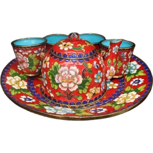 China Old Beijing Old Goods Set Of Copper Cloisonne Cloisonne Plate Hip Flask Wine Glasses