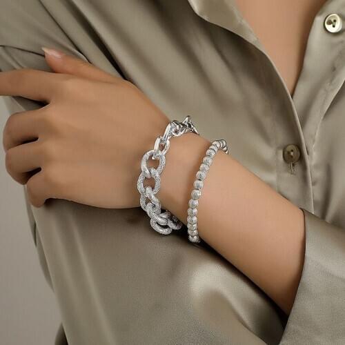 Punk Aluminium Alloy Thick Chain Bracelets for Women Exaggerated Double Layer Geometric Beaded Bracelet Party Jewelry Gift