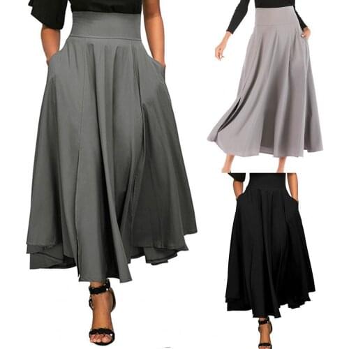 Vintage High Waist Side Split Women Skirt Elegant Pleated Belt Side Pockets Long Skirt Streetwear