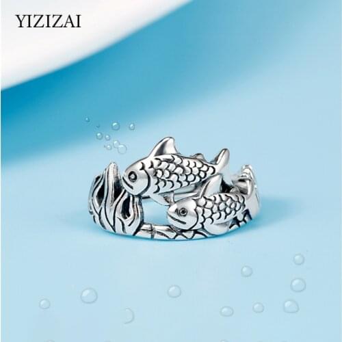 YIZIZAI Vintage Fashion Double Fish Opening Rings For Women Hipster Thai Silver Color Ring Jewelry Adjustable