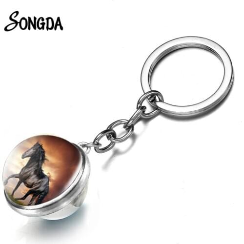 Vintage Horse Picture Keychain Double Sided Glass Ball Pendants Animal Theme Love Horse Series Delicate Keyring Trinkets