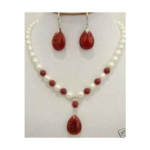Jewelry Hot sell New 7-8mm White&Red Pearl/Jade Necklace Earring Dragon Inlay set