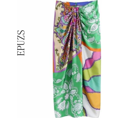 ZA 2021 Vintage Floral Print midi Skirt women kawaii Faldas Mujer Female Back Zipper jupe femme Chic Slim long skirt