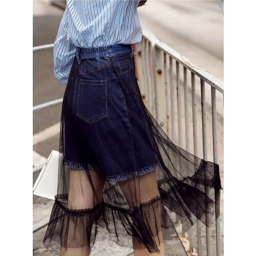 Large Size 5XL Summer High Waist Lace Patchwork Denim Skirts Long Sex Black Mesh Streetwear A Line Casual Jeans Skirt LX87