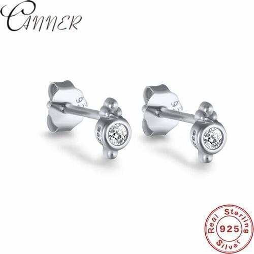 CANNER 100% 925 Sterling Silver Geometric Round CZ Crystal Gold/silver Color Stud Earrings For Women Wedding Earrings Jewelry
