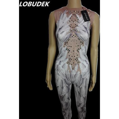 Female costume white Feathers Pattern sexy stretch Jumpsuit singer dancer nightclub Stage Party bar Prom star performance show