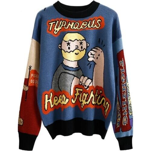 XUANHAO Women Cartoon Embroidery Hit Color Sweaters 2019 Winter Warm Jumper Knitted Sweater Long Sleeve O-Neck Pullover