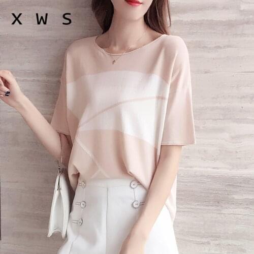 2020 Spring Summer Korean Knitted Sweaters Tops Short Sleeve O-neck patchwork Vintage Fashion Office Pullover Sweaters Femme