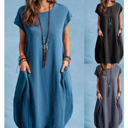 Summer Dress Casual Loose O Neck Women Dress Mid-calf with Pocket Short Sleeve Simple Cotton Blend Loose Dress for Daily Life