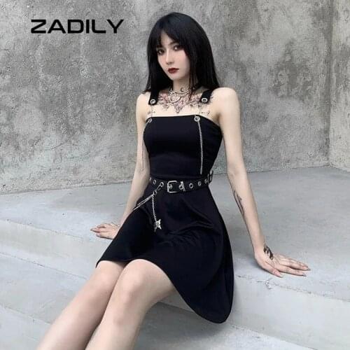 ZADILY Street Style Oversize Women Bodycon Dress Gothic Sashes Lron Chain Sexy 2021 Summer Strap Ladies Mini Black Dresses