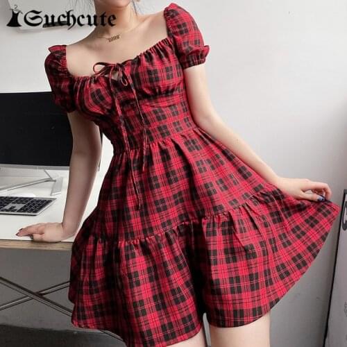 SUCHCUTE Vintage Plaid Print Short Sleeve Women Dress Summer Streetwear Square Collar Tie Up Party Dresses Gothic Clothes