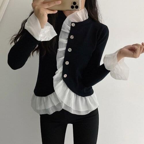 2021 New Design Girls Casual Top Blouse Womens Fashion Ruffle Long Sleeve Black Outercoats Shirts Lady Free Size Clothing #A357
