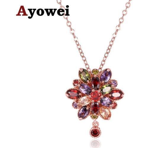 Ayowei Vintage flower design fashion Multicolor zircon for women rose gold tone necklaces pendants fashion jewelry LN671A