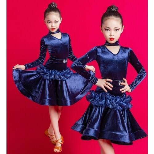Velvet Latino Dance Clothes For Girls Blue Samba Costume Designer Clothing Stage Outfits Ballroom Practice Wear Skirt Set DL7023