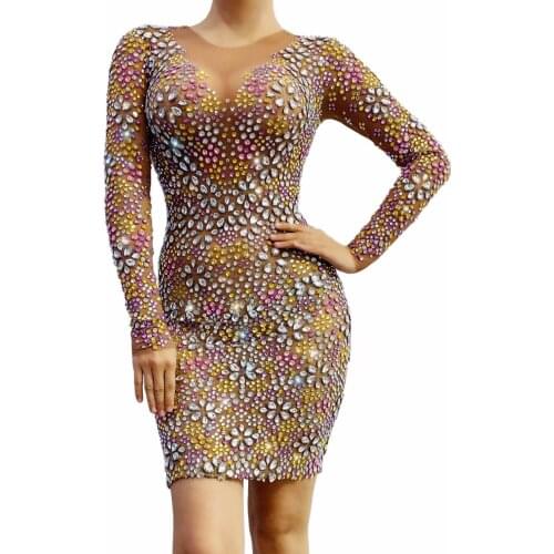 Sparkly Rhinestones Transparent Mesh Dresses for Women Evening Birthday Celebrate Dance Outfit Party Sexy See Though Dress