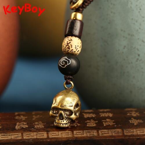 Brass Punk Skull Head Lanyard Keychain Hanging Vintage Motorcycle Car Key Chain Ring Pendant Jewelry Metal Skeleton Rope Keyring