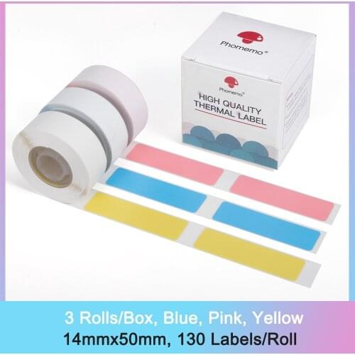 Phomemo Colorful Adhesive Label Paper for D30 Thermal Printer 14 X 50mm Thermal Printer Paper 130pcs/Roll 3 roll Labeling Tapes