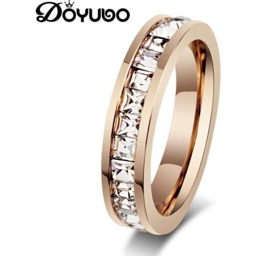 DOYUBO Trendy Rose Gold 316L Stainless Steel Rings With White Square CZ Womens High Quality Beauty Rings Fine Accessories DE003