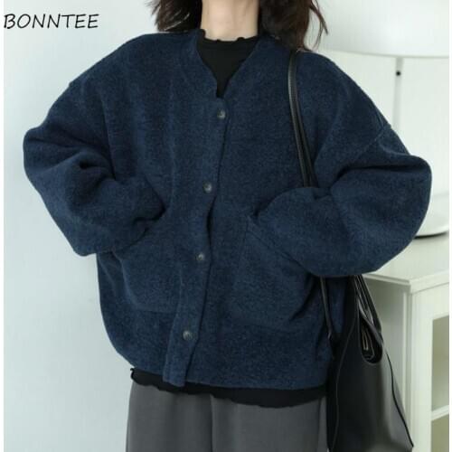 Basic Jackets Women All-match Solid Teenagers Trendy Pockets Long Sleeve BF Casual Popular Jacket Lady Clothes Navy Blue Ulzzang