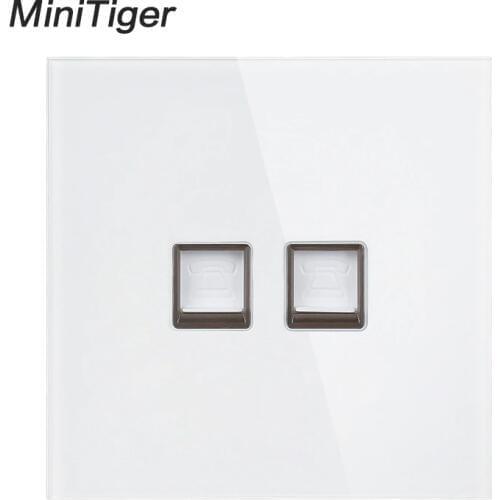 Minitiger White Luxury Crystal Tempered Glass Frame Double RJ11 Tel Jack 2Gang Double Telephone Socket Outlet Wiring Accessories