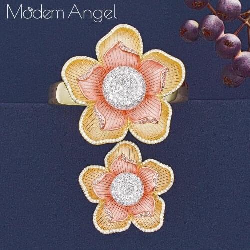 ModemAngel Luxury Flower Cluster Bangle Ring Sets Fashion Dubai Bridal Jewelry Sets For Women Wedding brincos para as mulheres