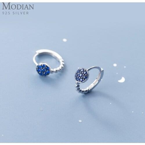 Modian Vintage 925 Sterling Silver Blue Crystal Stone Stackable Light Beads Hoop Earring for Women Japanese Style Fine Jewelry