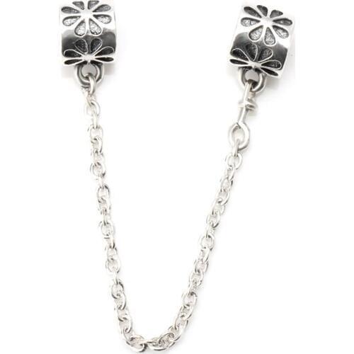 Fashion 925 Sterling Silver Wire Bead Bow Safety Chain with Alluring Petal Beads Fit Europe Bracelet Bangle Jewelry