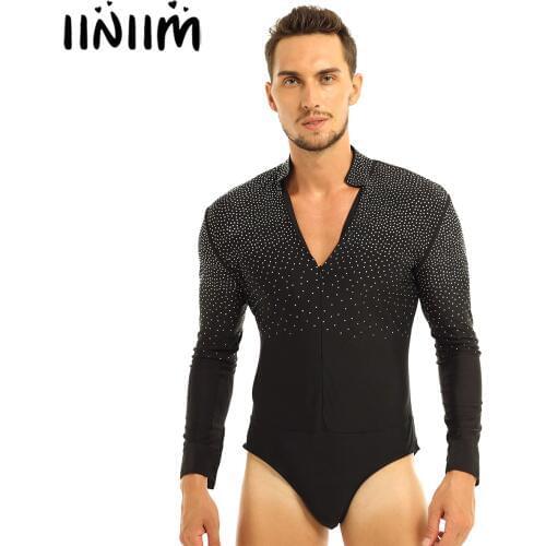 Mens One-piece Shiny Rhinestones Dance Leotard Bodysuit Long Sleeve V-neck Stand Collar Shirt Tops Classic Latin Tango Costume