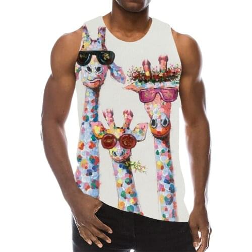 Mens Animals Graphic Sleeveless 3D Top Holiday Tees Giraffe Tank Tops Gym Boys Streetwear Novelty Vest