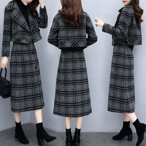 2021 autumn and winter new woolen plaid suit womens casual suit skirt two-piece fashion temperament