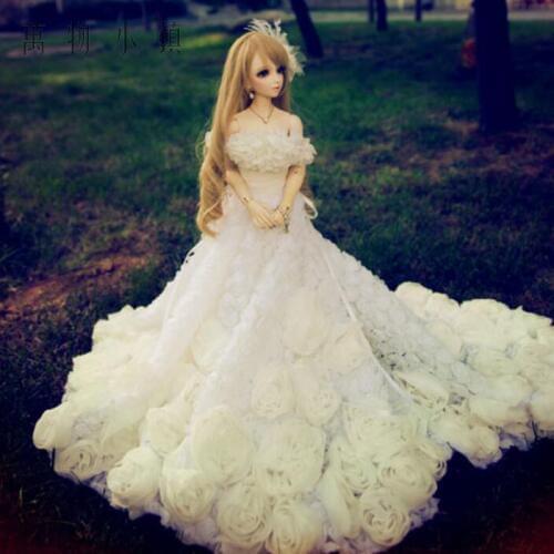 New Pure handwork flowers Tail Wedding dress Suit 3pcs 1/3 1/4 1/6 BJD SD MSD YOSD Doll Clothes