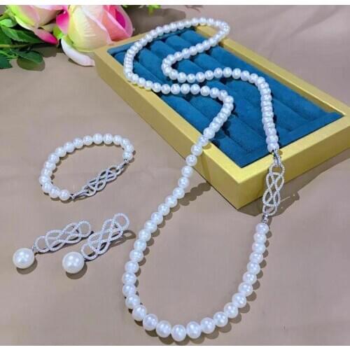 Set of 10-11mm south sea round white pearl necklace 24" &bracelet7.5-8 &earring