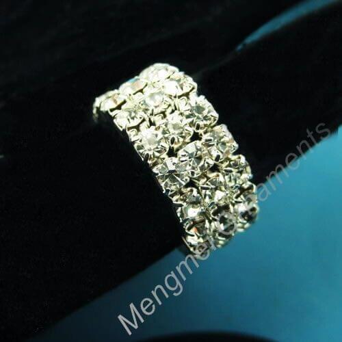 Factory Direct Sale- 3 strand row crystal/ AB/multi colors cup chain rhinestone bridal elastic finger ring