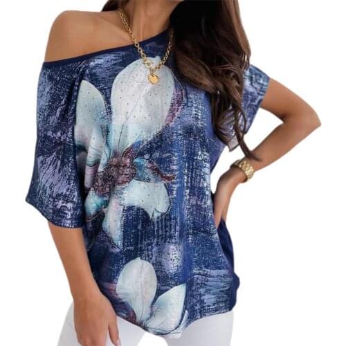 Plus Size Women T-shirt Casual Loose Flower Print Off Shoulder Summer O Neck Short Sleeve Blouse Office Fashion Elegant Blouse