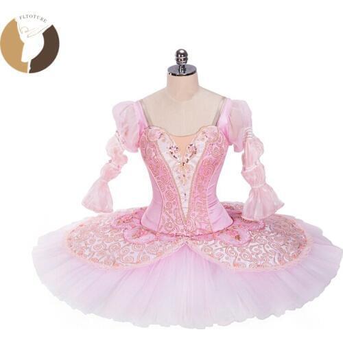 Pink Ballet Tutu Adult Professional Stage Costumes Columbine Doll Variation Long Sleeve Satin Pancake Tutu Raymonda Dancewear