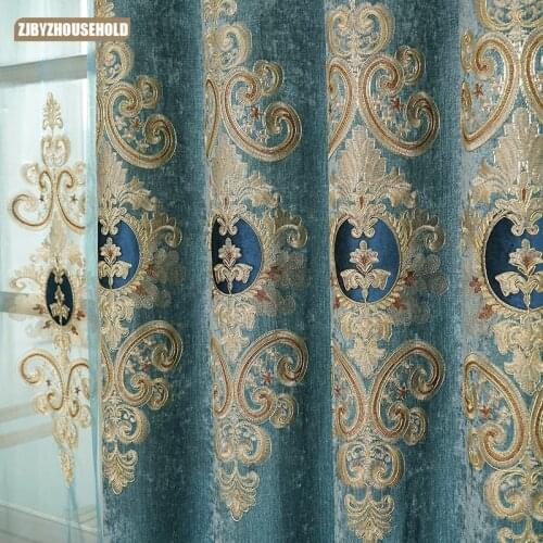 European Style Curtains for Living Room Bedroom Light Luxury Embroidered Chenille Curtain Door Window Drapes Blue Color
