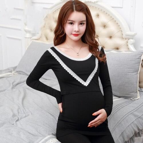 Treino Two Piece Set Autumn Pregnant Women Suit Female Maternity Leggings Pink Soft Elastic Thermal Warm Underwear Long Johns